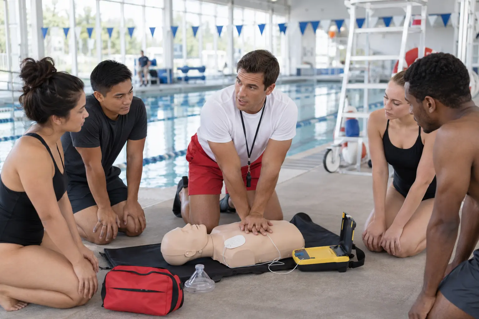 Lifeguard instructor teaching CPR and AED response skills